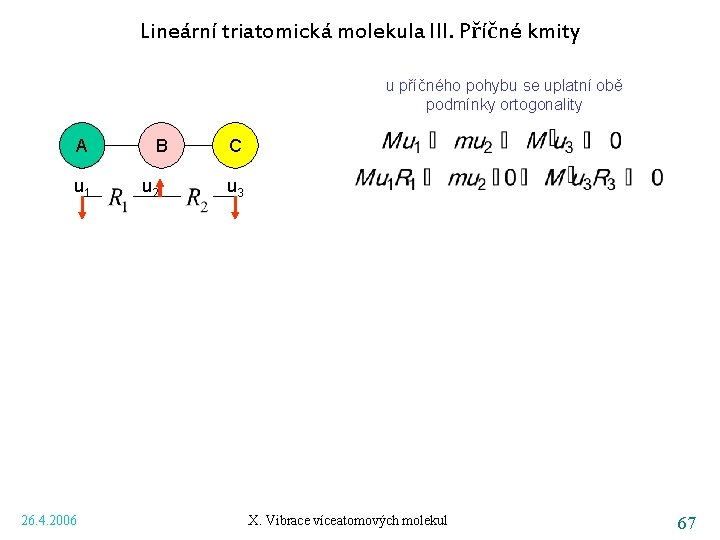 Lineární triatomická molekula III. Příčné kmity u příčného pohybu se uplatní obě podmínky ortogonality