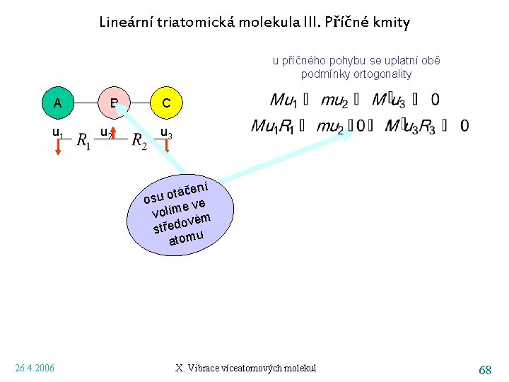 Lineární triatomická molekula III. Příčné kmity u příčného pohybu se uplatní obě podmínky ortogonality