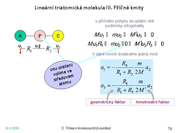 Lineární triatomická molekula III. Příčné kmity u příčného pohybu se uplatní obě podmínky ortogonality