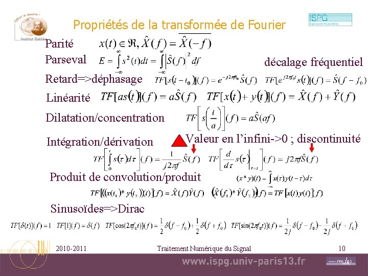 Propriétés de la transformée de Fourier Parité Parseval décalage fréquentiel Retard=>déphasage Linéarité Dilatation/concentration Intégration/dérivation