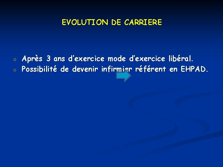 EVOLUTION DE CARRIERE o o Après 3 ans d’exercice mode d’exercice libéral. Possibilité de