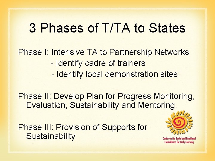 3 Phases of T/TA to States Phase I: Intensive TA to Partnership Networks -