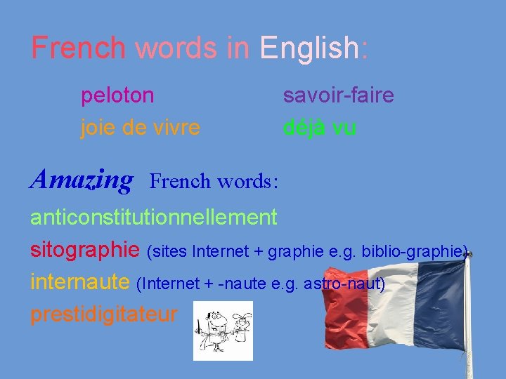 French words in English: peloton joie de vivre Amazing savoir-faire déjà vu French words: