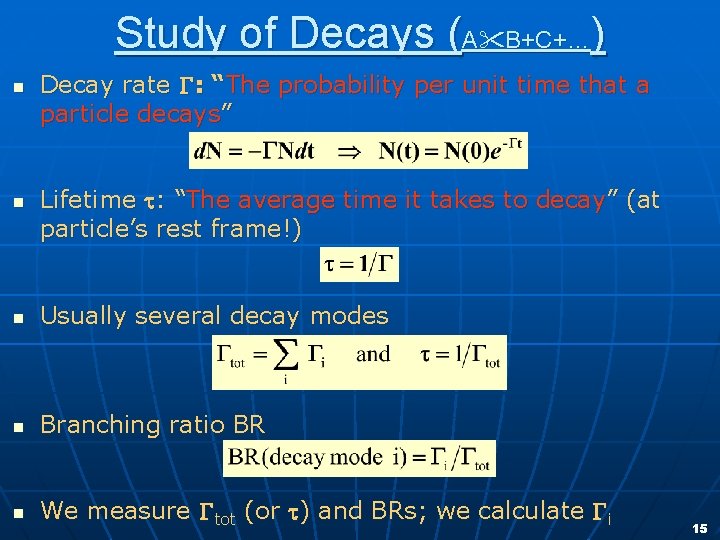 Study of Decays (A B+C+…) n n Decay rate G: “The probability per unit