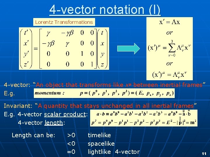 4 -vector notation (I) Lorentz Transformations 4 -vector: “An object that transforms like xm