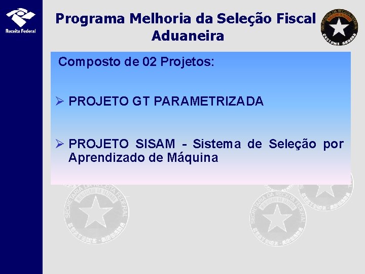 Programa Melhoria da Seleção Fiscal Aduaneira Composto de 02 Projetos: Ø PROJETO GT PARAMETRIZADA