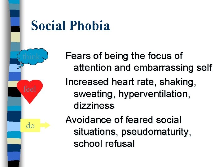 Social Phobia think feel do Fears of being the focus of attention and embarrassing