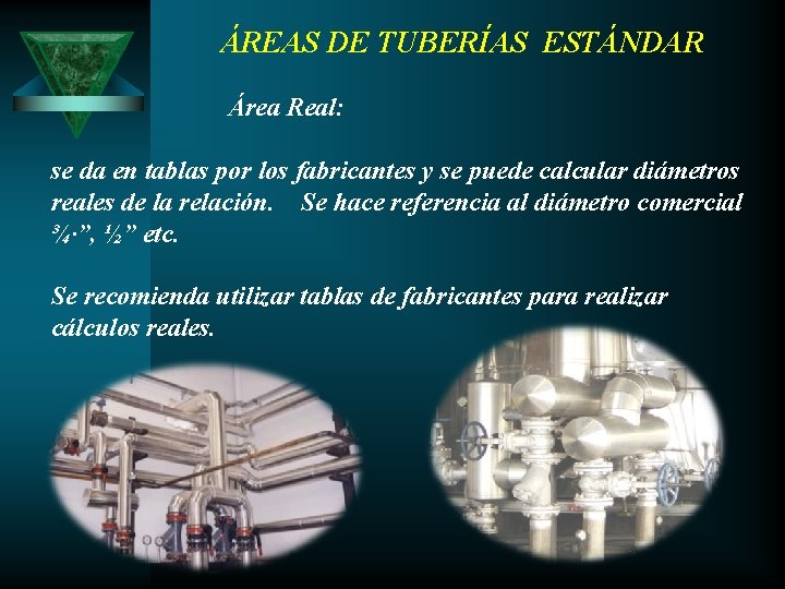 ÁREAS DE TUBERÍAS ESTÁNDAR Área Real: se da en tablas por los fabricantes y