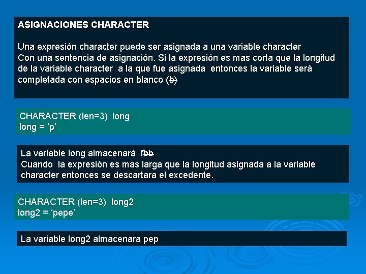 ASIGNACIONES CHARACTER Una expresión character puede ser asignada a una variable character Con una