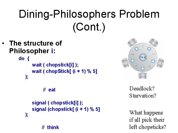 Dining-Philosophers Problem (Cont. ) • The structure of Philosopher i: do { ); wait