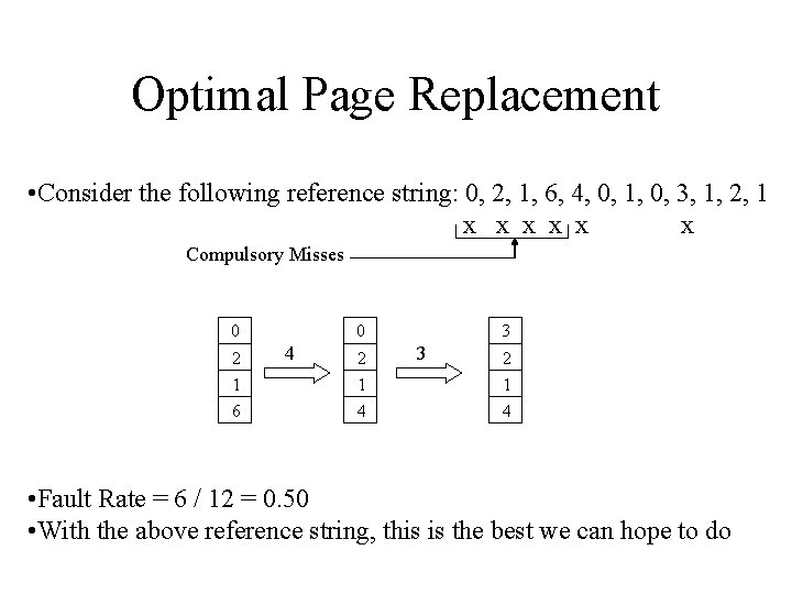 Optimal Page Replacement • Consider the following reference string: 0, 2, 1, 6, 4,