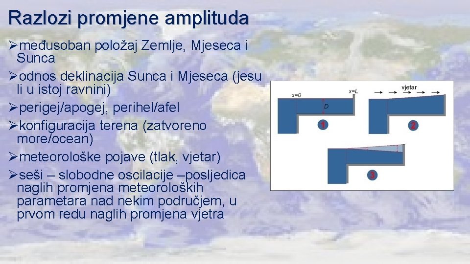Razlozi promjene amplituda Ømeđusoban položaj Zemlje, Mjeseca i Sunca Øodnos deklinacija Sunca i Mjeseca