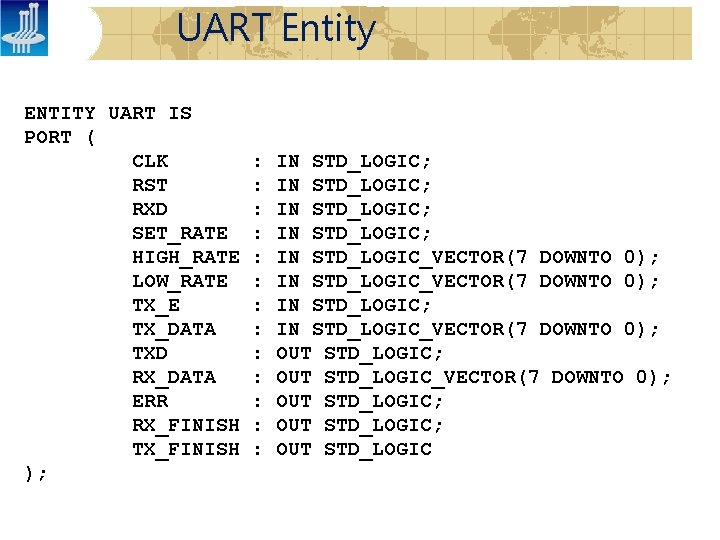 UART Entity ENTITY UART IS PORT ( CLK RST RXD SET_RATE HIGH_RATE LOW_RATE TX_DATA