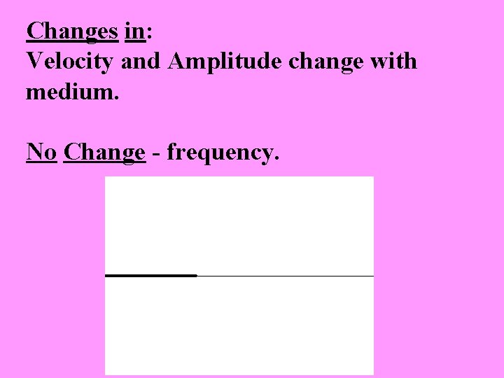 Changes in: Velocity and Amplitude change with medium. No Change - frequency. 