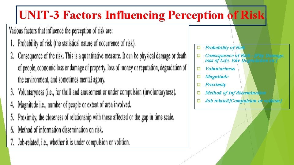 UNIT-3 Factors Influencing Perception of Risk q Probability of Risk q Consequence of Risk