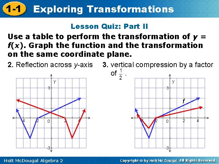 1 -1 Exploring Transformations Lesson Quiz: Part II Use a table to perform the 1 -1 Exploring Transformations Lesson Quiz: Part II Use a table to perform the