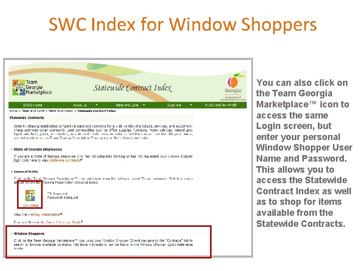 SWC Index for Window Shoppers You can also click on the Team Georgia Marketplace™