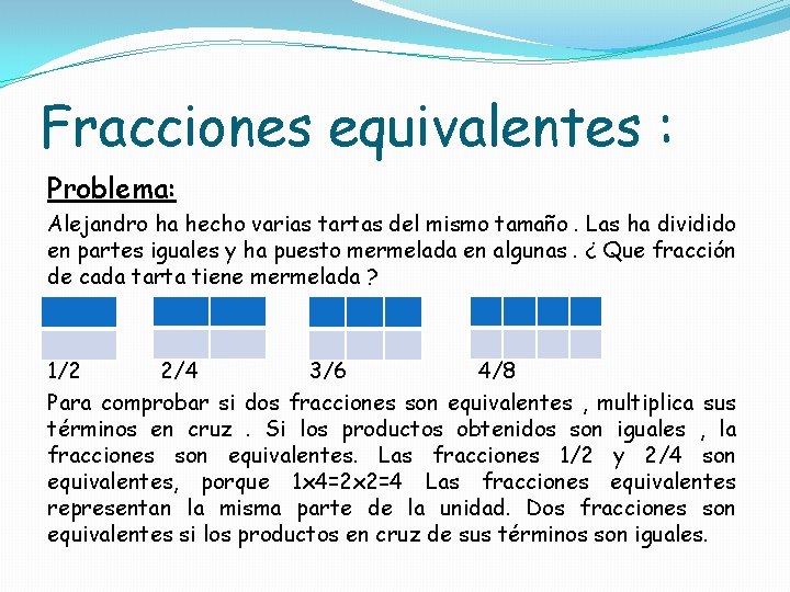 Fracciones equivalentes : Problema: Alejandro ha hecho varias tartas del mismo tamaño. Las ha