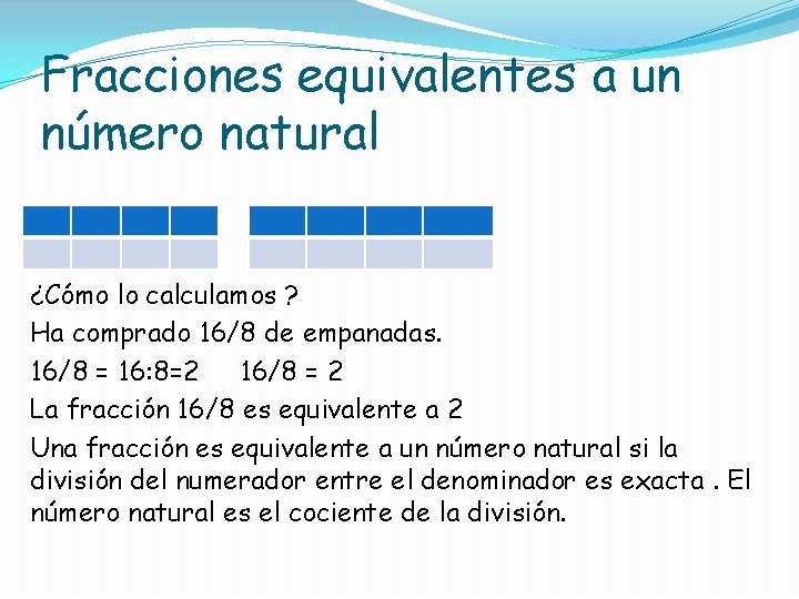 Fracciones equivalentes a un número natural ¿Cómo lo calculamos ? Ha comprado 16/8 de