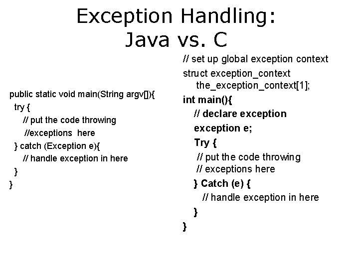 Exception Handling: Java vs. C public static void main(String argv[]){ try { // put