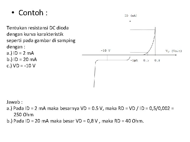  • Contoh : Tentukan resistansi DC dioda dengan kurva karakteristik seperti pada gambar
