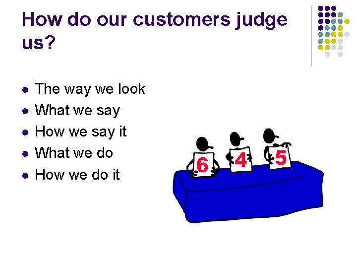 How do our customers judge us? l l l The way we look What