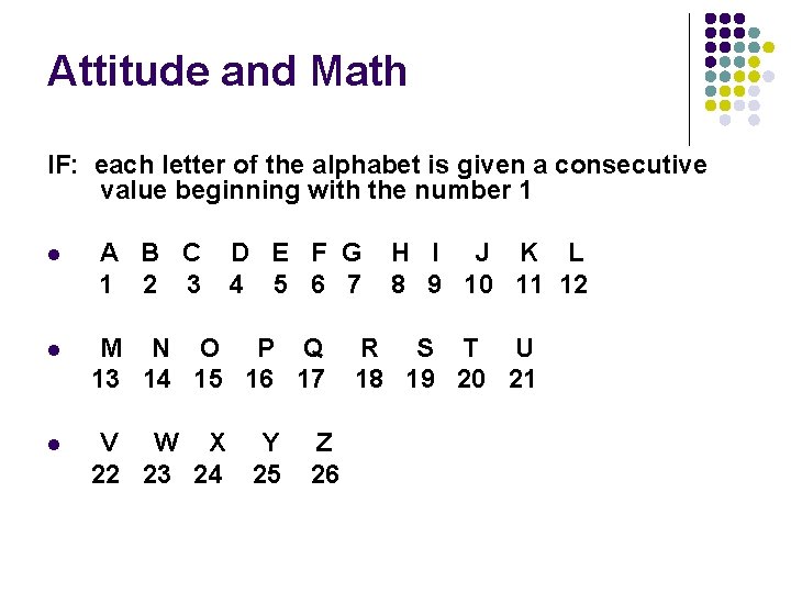 Attitude and Math IF: each letter of the alphabet is given a consecutive value
