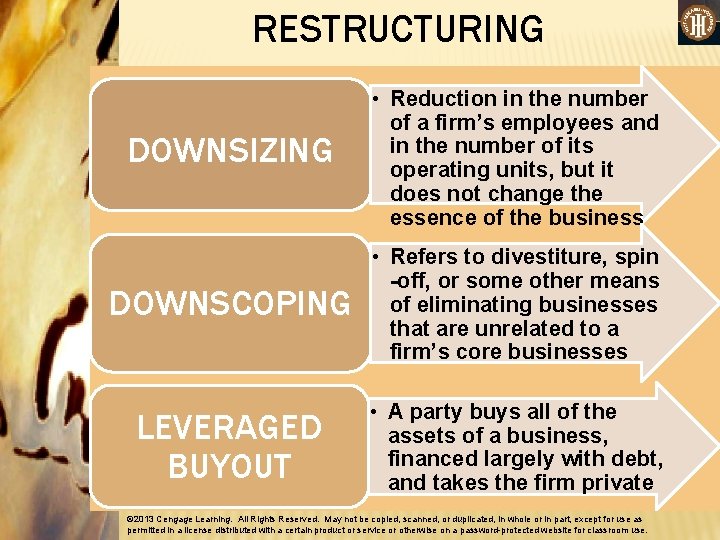 RESTRUCTURING DOWNSIZING • Reduction in the number of a firm’s employees and in the