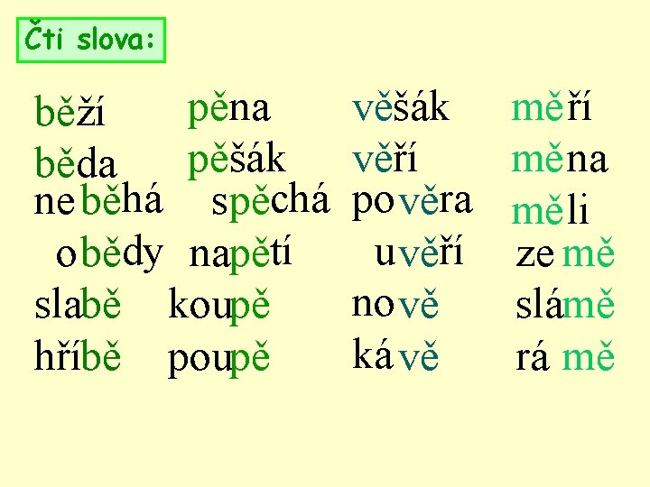 Čti slova: pěna běží pěšák běda ne běhá spěchá o bědy napětí slabě koupě