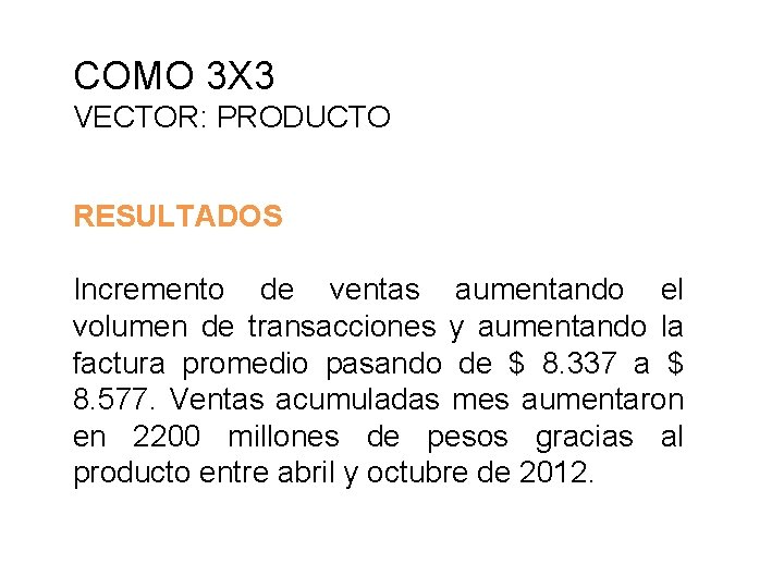 COMO 3 X 3 VECTOR: PRODUCTO RESULTADOS Incremento de ventas aumentando el volumen de