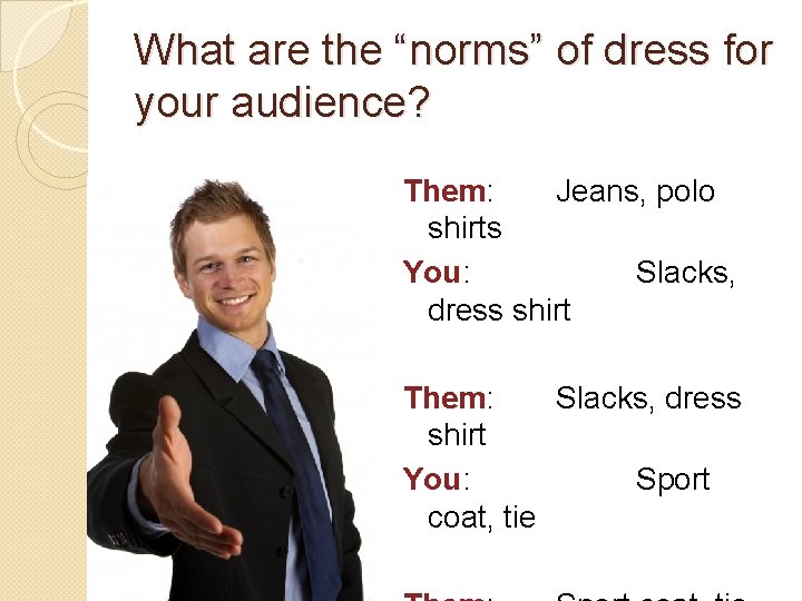 What are the “norms” of dress for your audience? Them: Jeans, polo shirts You: