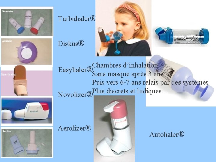 Turbuhaler® Diskus® Chambres d’inhalation Easyhaler® Sans masque après 3 ans Puis vers 6