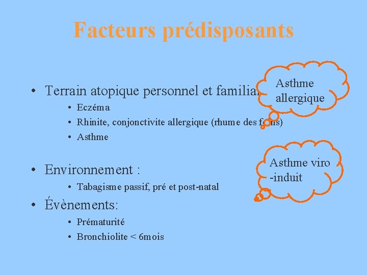 Facteurs prédisposants Asthme • Terrain atopique personnel et familial: allergique • Eczéma • Rhinite,