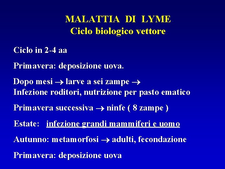 MALATTIA DI LYME Ciclo biologico vettore Ciclo in 2 -4 aa Primavera: deposizione uova. MALATTIA DI LYME Ciclo biologico vettore Ciclo in 2 -4 aa Primavera: deposizione uova.