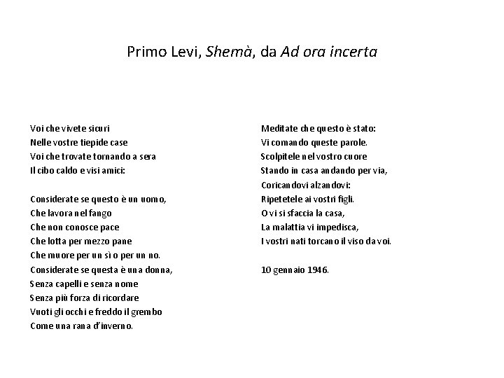 Primo Levi, Shemà, da Ad ora incerta Voi che vivete sicuri Nelle vostre tiepide