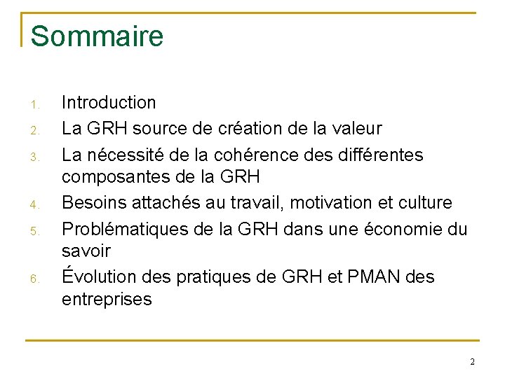 Sommaire 1. 2. 3. 4. 5. 6. Introduction La GRH source de création de