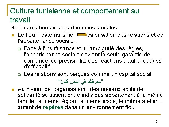 Culture tunisienne et comportement au travail 3 – Les relations et appartenances sociales n