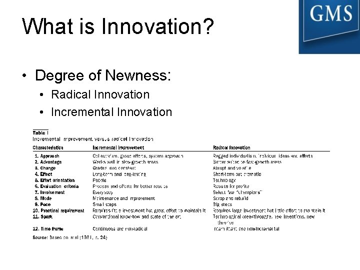 What is Innovation? • Degree of Newness: • Radical Innovation • Incremental Innovation 