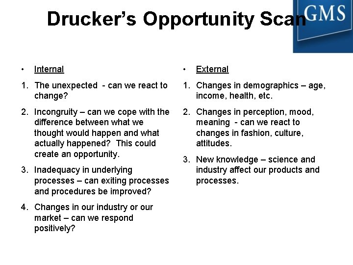 Drucker’s Opportunity Scan • Internal • External 1. The unexpected - can we react