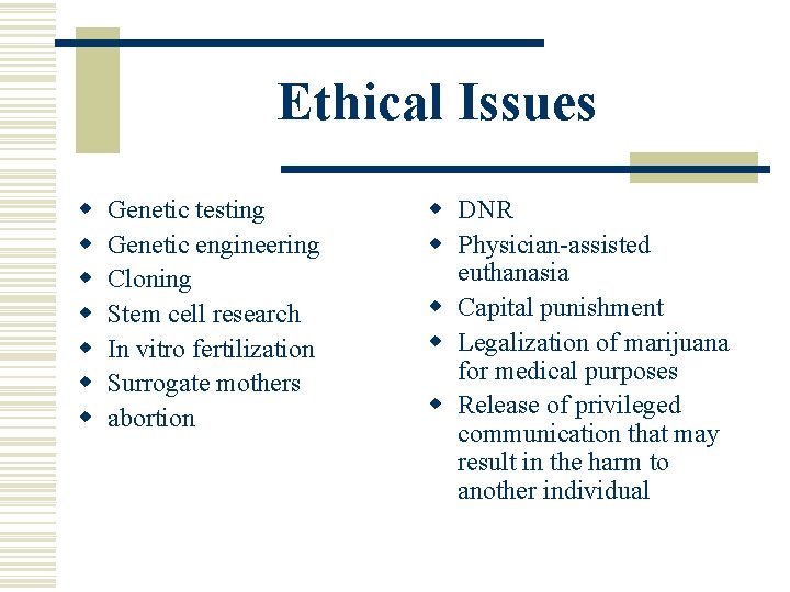 Ethical Issues w w w w Genetic testing Genetic engineering Cloning Stem cell research Ethical Issues w w w w Genetic testing Genetic engineering Cloning Stem cell research