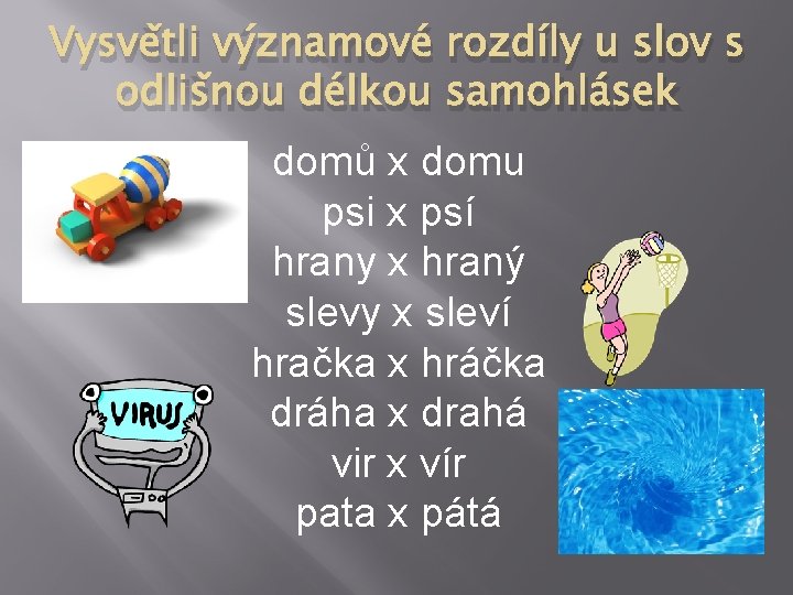 Vysvětli významové rozdíly u slov s odlišnou délkou samohlásek domů x domu psi x