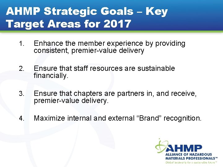 AHMP Strategic Goals – Key Target Areas for 2017 1. Enhance the member experience