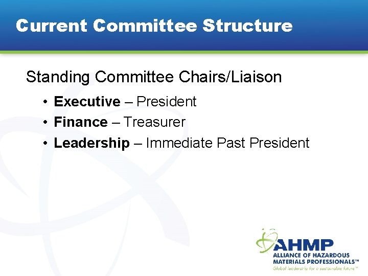 Current Committee Structure Standing Committee Chairs/Liaison • Executive – President • Finance – Treasurer