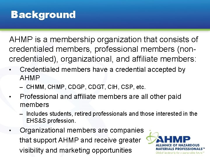 Background AHMP is a membership organization that consists of credentialed members, professional members (noncredentialed),