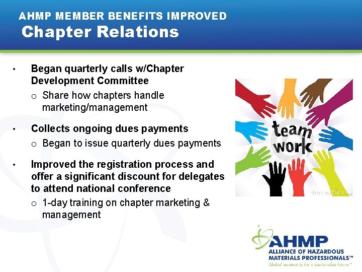 AHMP MEMBER BENEFITS IMPROVED Chapter Relations • Began quarterly calls w/Chapter Development Committee o