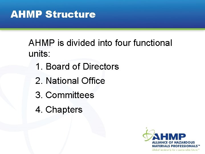 AHMP Structure AHMP is divided into four functional units: 1. Board of Directors 2.