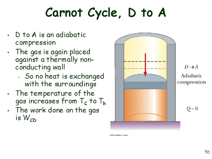 Carnot Cycle, D to A • • D to A is an adiabatic compression