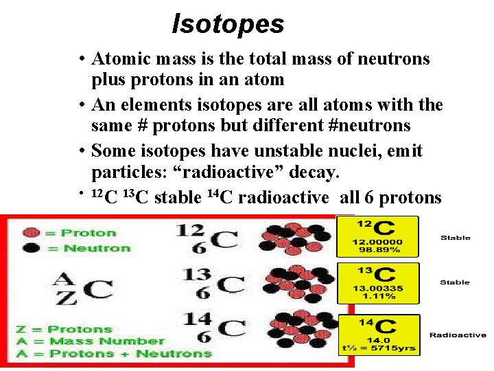 Isotopes • Atomic mass is the total mass of neutrons plus protons in an