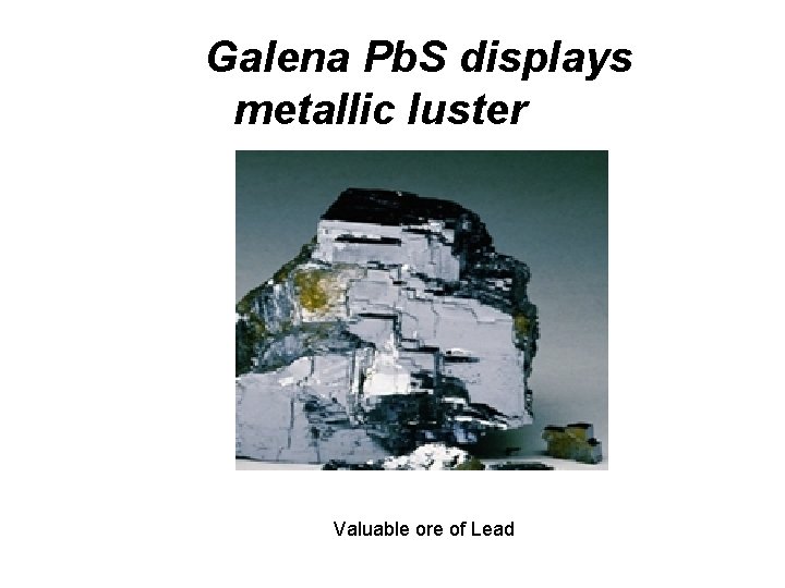 Galena Pb. S displays metallic luster Valuable ore of Lead 