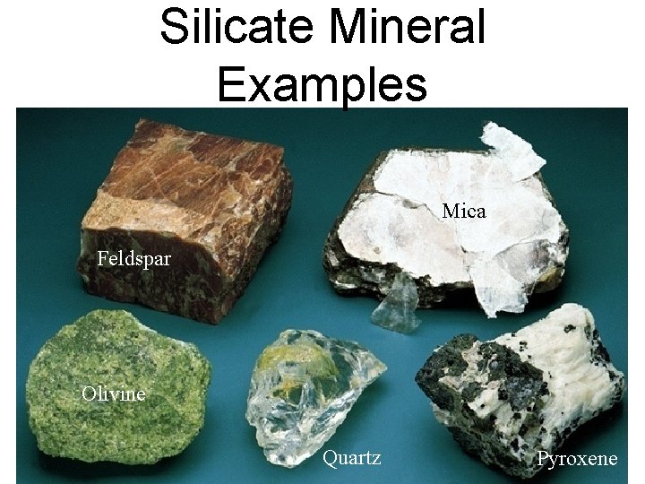 Silicate Mineral Examples Mica Feldspar Olivine Quartz Pyroxene 